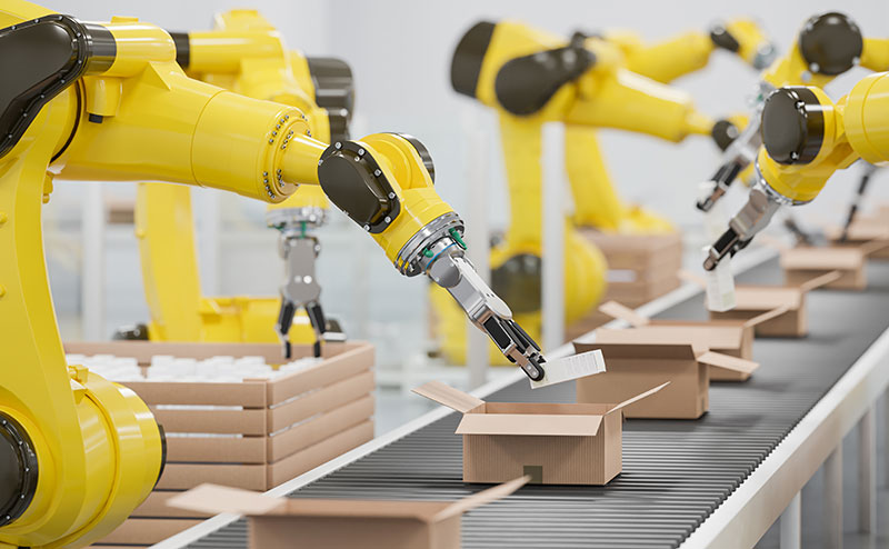 Automated, collaborative robot (COBOT) packing boxes